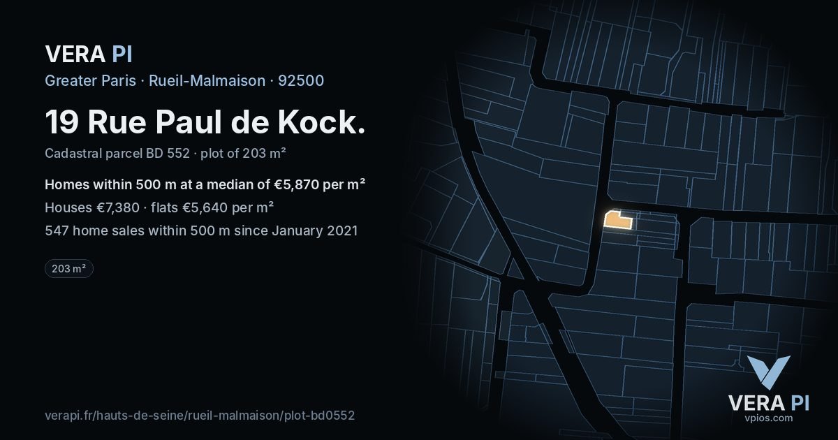 19 Rue Paul de Kock, Rueil-Malmaison at night – the plot lit, the parcels around coloured by the prices near them