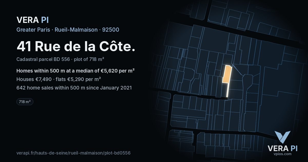 41 Rue de la Côte, Rueil-Malmaison at night – the plot lit, the parcels around coloured by the prices near them