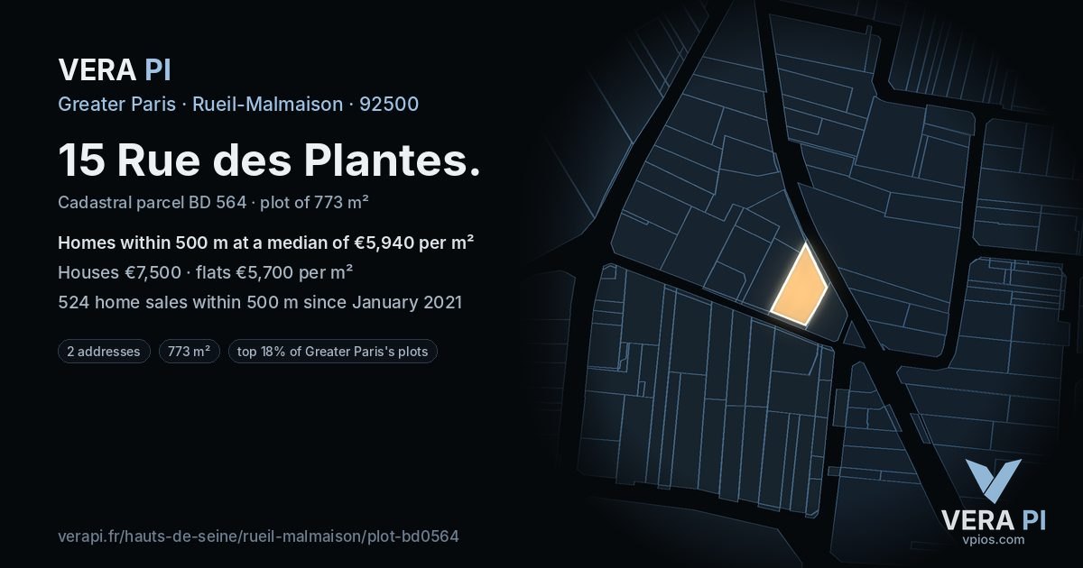 15 Rue des Plantes, Rueil-Malmaison at night – the plot lit, the parcels around coloured by the prices near them