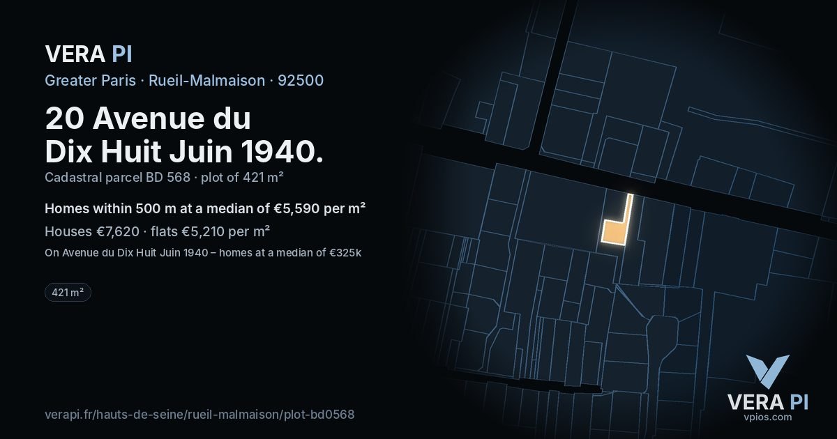 20 Avenue du Dix Huit Juin 1940, Rueil-Malmaison at night – the plot lit, the parcels around coloured by the prices near them