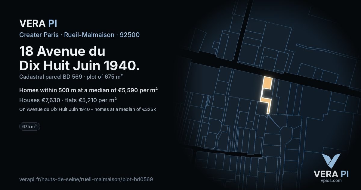 18 Avenue du Dix Huit Juin 1940, Rueil-Malmaison at night – the plot lit, the parcels around coloured by the prices near them
