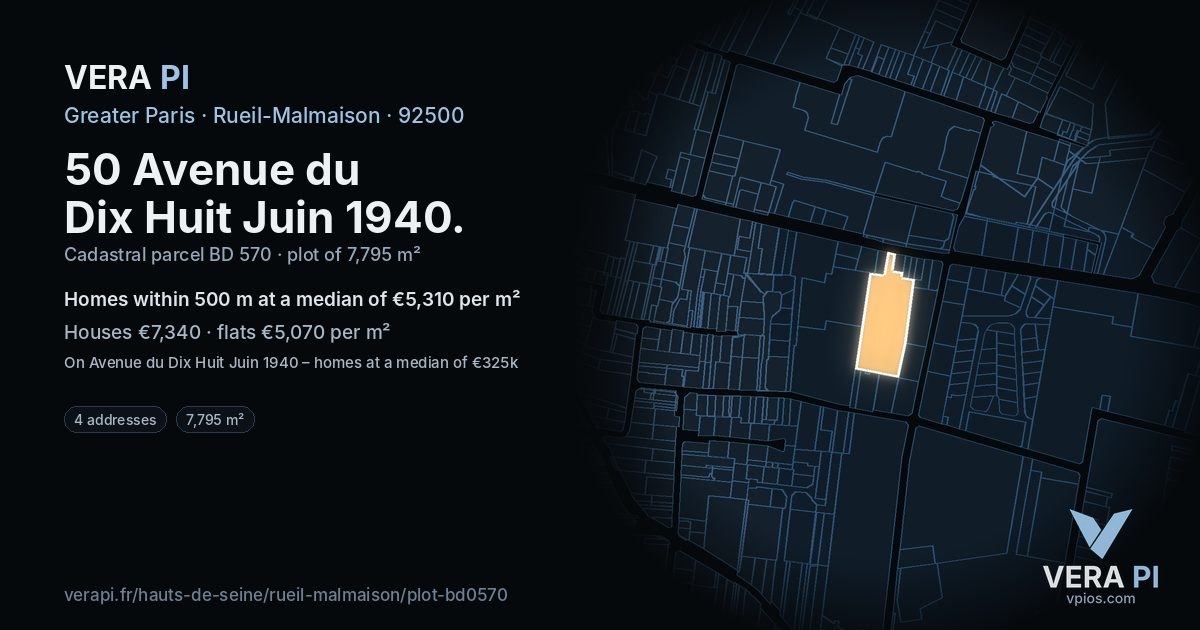 50 Avenue du Dix Huit Juin 1940, Rueil-Malmaison at night – the plot lit, the parcels around coloured by the prices near them