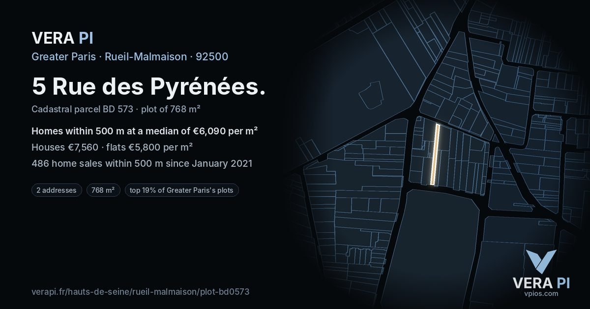 5 Rue des Pyrénées, Rueil-Malmaison at night – the plot lit, the parcels around coloured by the prices near them