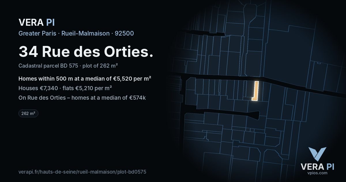 34 Rue des Orties, Rueil-Malmaison at night – the plot lit, the parcels around coloured by the prices near them