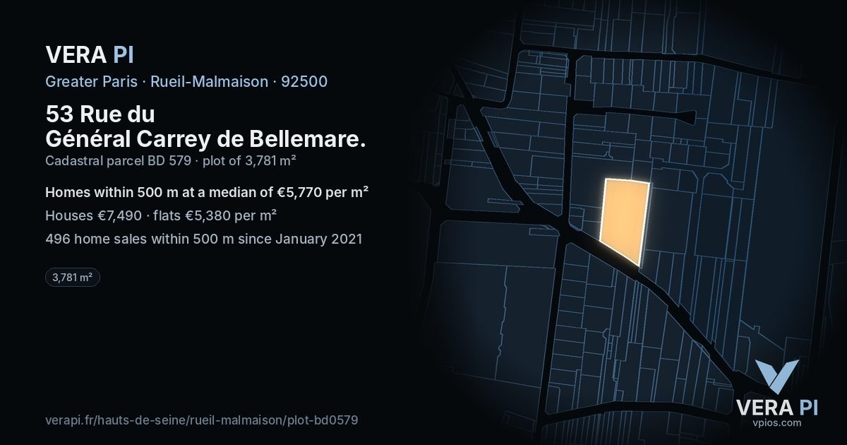 53 Rue du Général Carrey de Bellemare, Rueil-Malmaison at night – the plot lit, the parcels around coloured by the prices near them