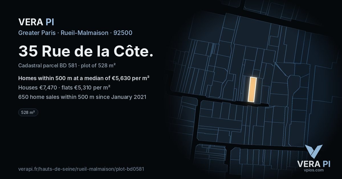 35 Rue de la Côte, Rueil-Malmaison at night – the plot lit, the parcels around coloured by the prices near them