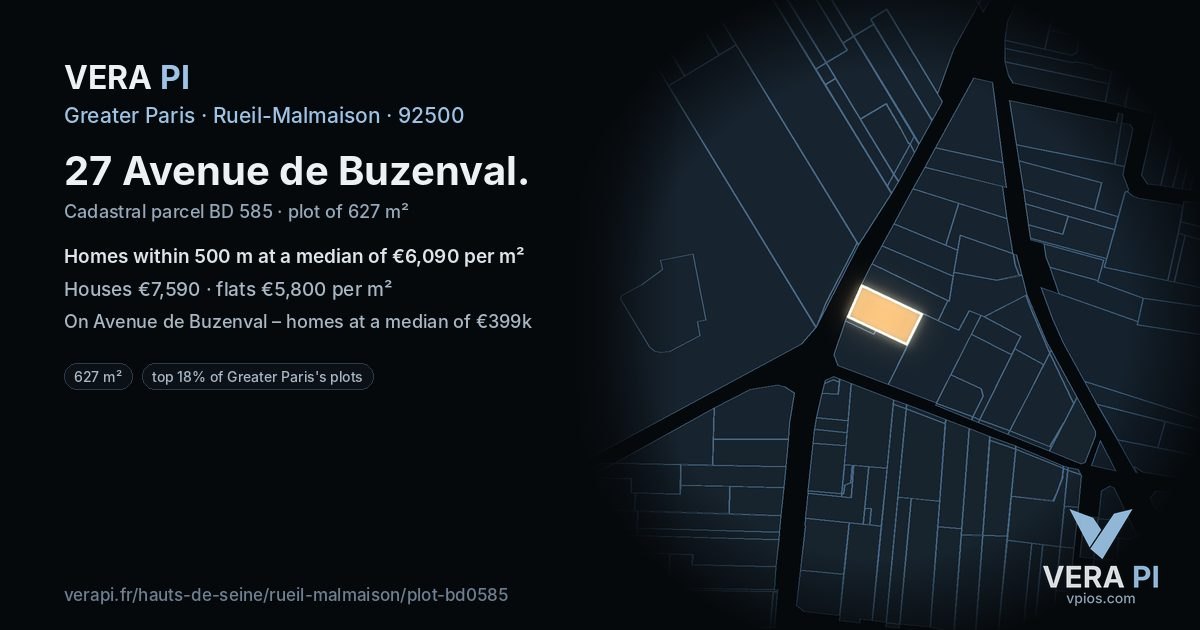 27 Avenue de Buzenval, Rueil-Malmaison at night – the plot lit, the parcels around coloured by the prices near them