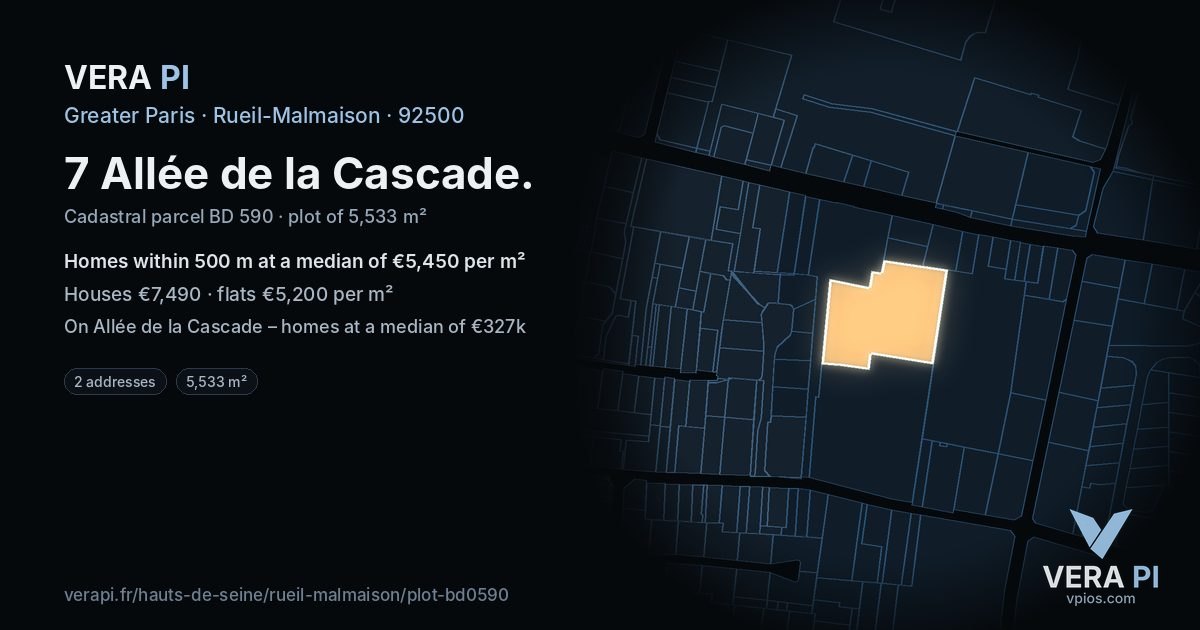 7 Allée de la Cascade, Rueil-Malmaison at night – the plot lit, the parcels around coloured by the prices near them