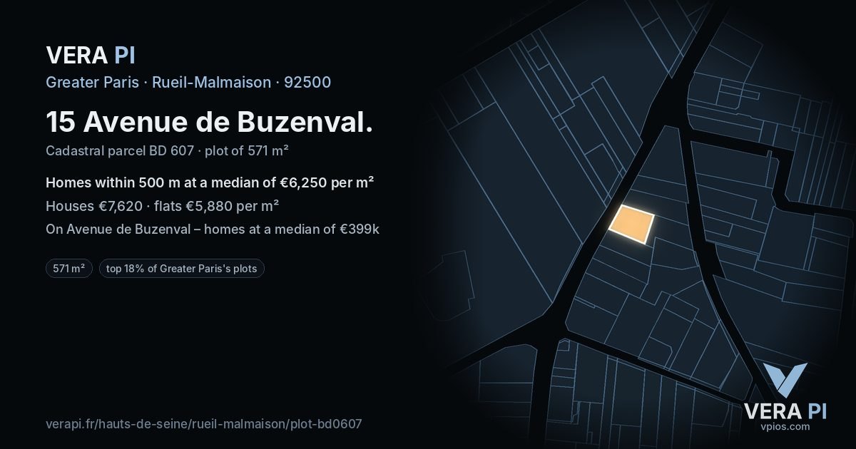 15 Avenue de Buzenval, Rueil-Malmaison at night – the plot lit, the parcels around coloured by the prices near them