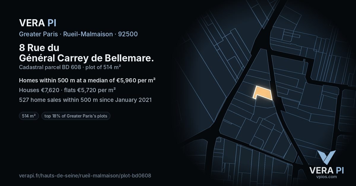 8 Rue du Général Carrey de Bellemare, Rueil-Malmaison at night – the plot lit, the parcels around coloured by the prices near them