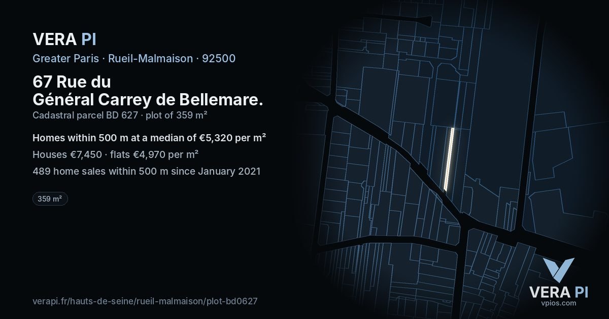 67 Rue du Général Carrey de Bellemare, Rueil-Malmaison at night – the plot lit, the parcels around coloured by the prices near them