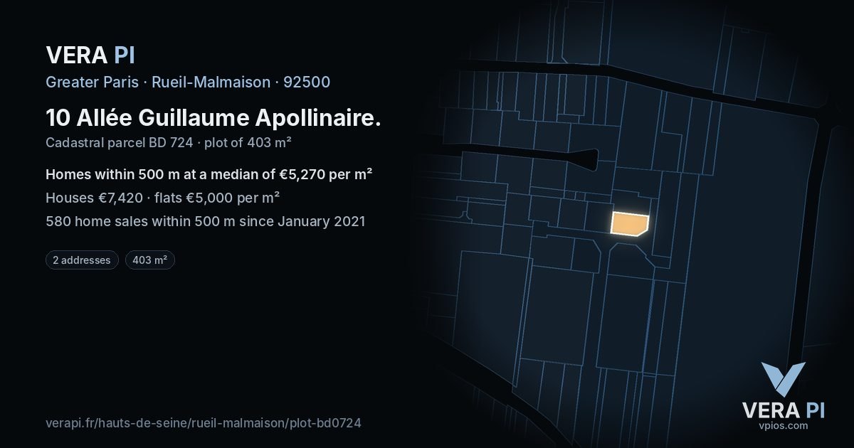 10 Allée Guillaume Apollinaire, Rueil-Malmaison at night – the plot lit, the parcels around coloured by the prices near them