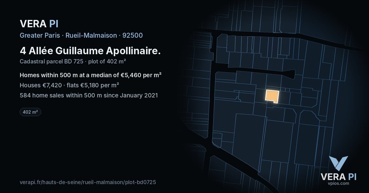 4 Allée Guillaume Apollinaire, Rueil-Malmaison at night – the plot lit, the parcels around coloured by the prices near them