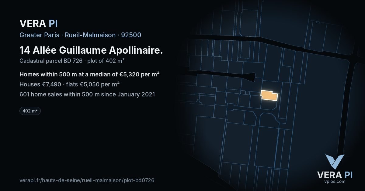 14 Allée Guillaume Apollinaire, Rueil-Malmaison at night – the plot lit, the parcels around coloured by the prices near them
