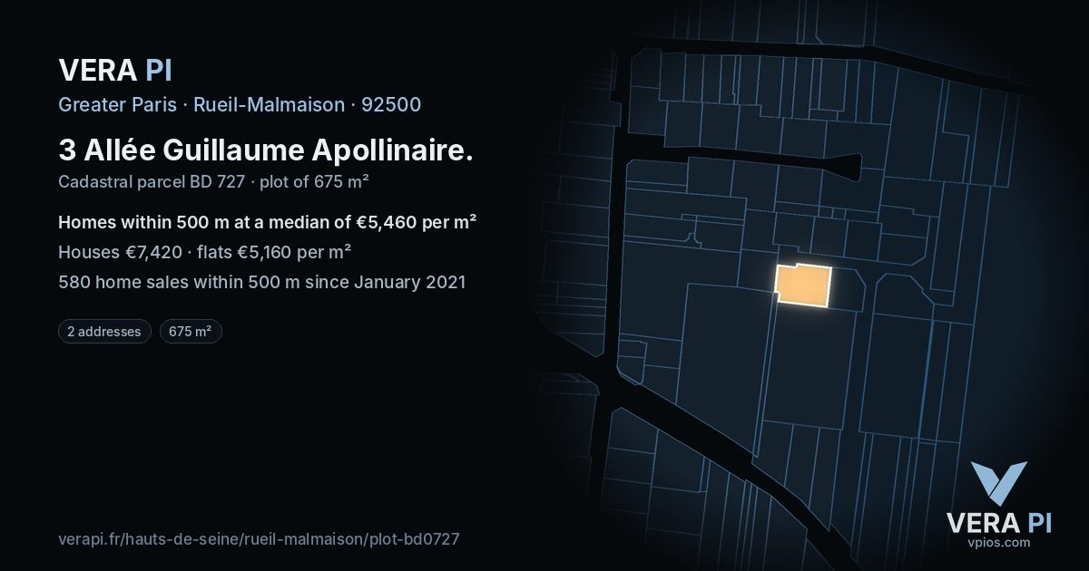 3 Allée Guillaume Apollinaire, Rueil-Malmaison at night – the plot lit, the parcels around coloured by the prices near them