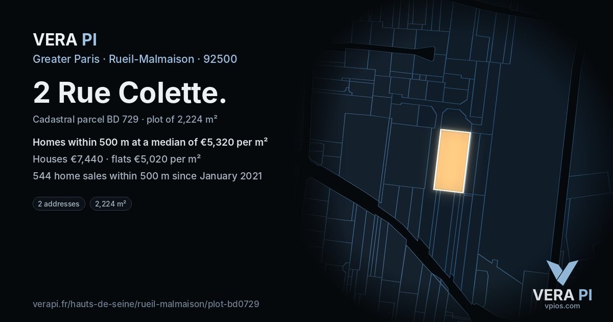2 Rue Colette, Rueil-Malmaison at night – the plot lit, the parcels around coloured by the prices near them