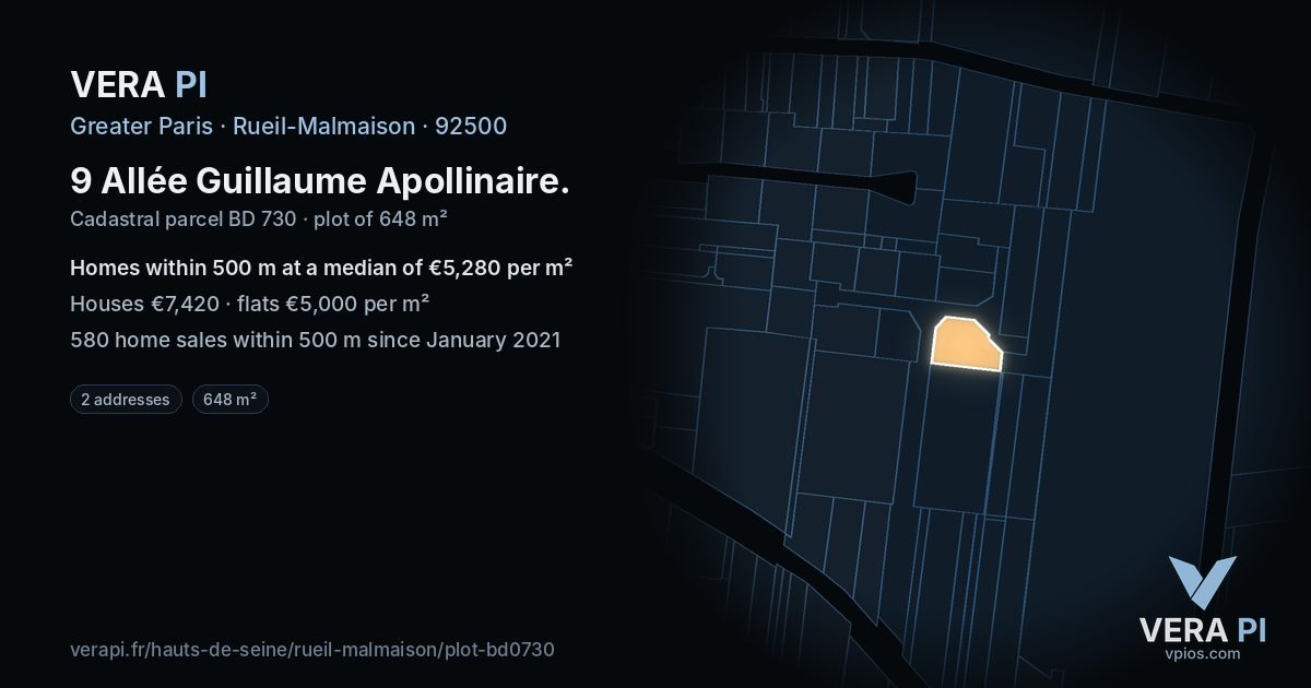 9 Allée Guillaume Apollinaire, Rueil-Malmaison at night – the plot lit, the parcels around coloured by the prices near them
