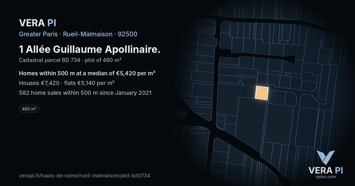 1 Allée Guillaume Apollinaire, Rueil-Malmaison at night – the plot lit, the parcels around coloured by the prices near them