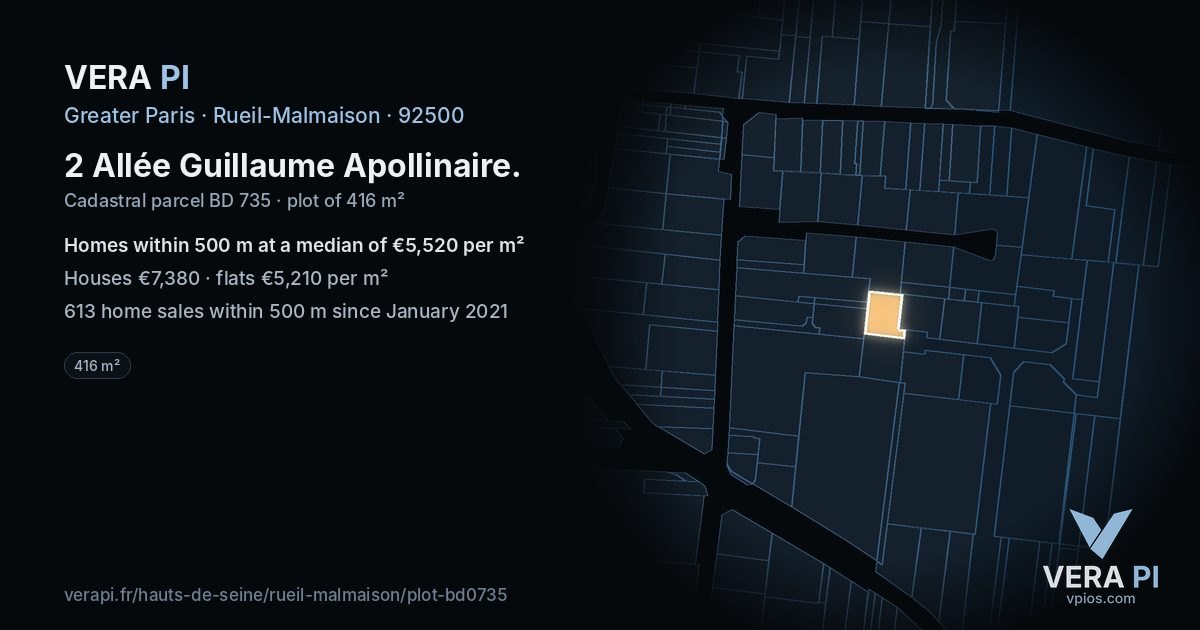 2 Allée Guillaume Apollinaire, Rueil-Malmaison at night – the plot lit, the parcels around coloured by the prices near them