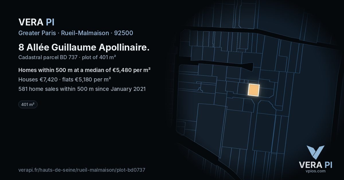 8 Allée Guillaume Apollinaire, Rueil-Malmaison at night – the plot lit, the parcels around coloured by the prices near them