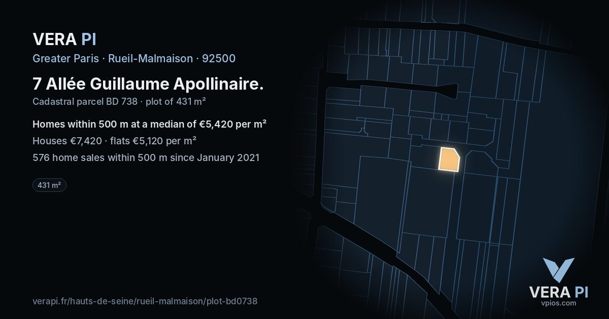 7 Allée Guillaume Apollinaire, Rueil-Malmaison at night – the plot lit, the parcels around coloured by the prices near them