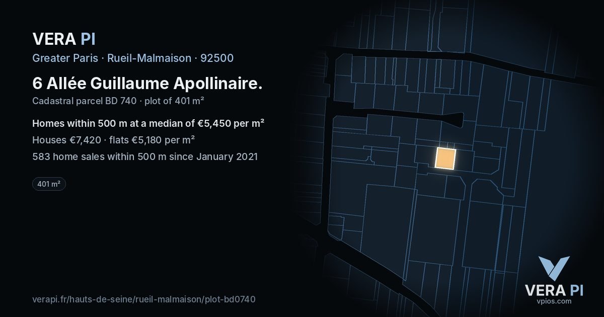 6 Allée Guillaume Apollinaire, Rueil-Malmaison at night – the plot lit, the parcels around coloured by the prices near them