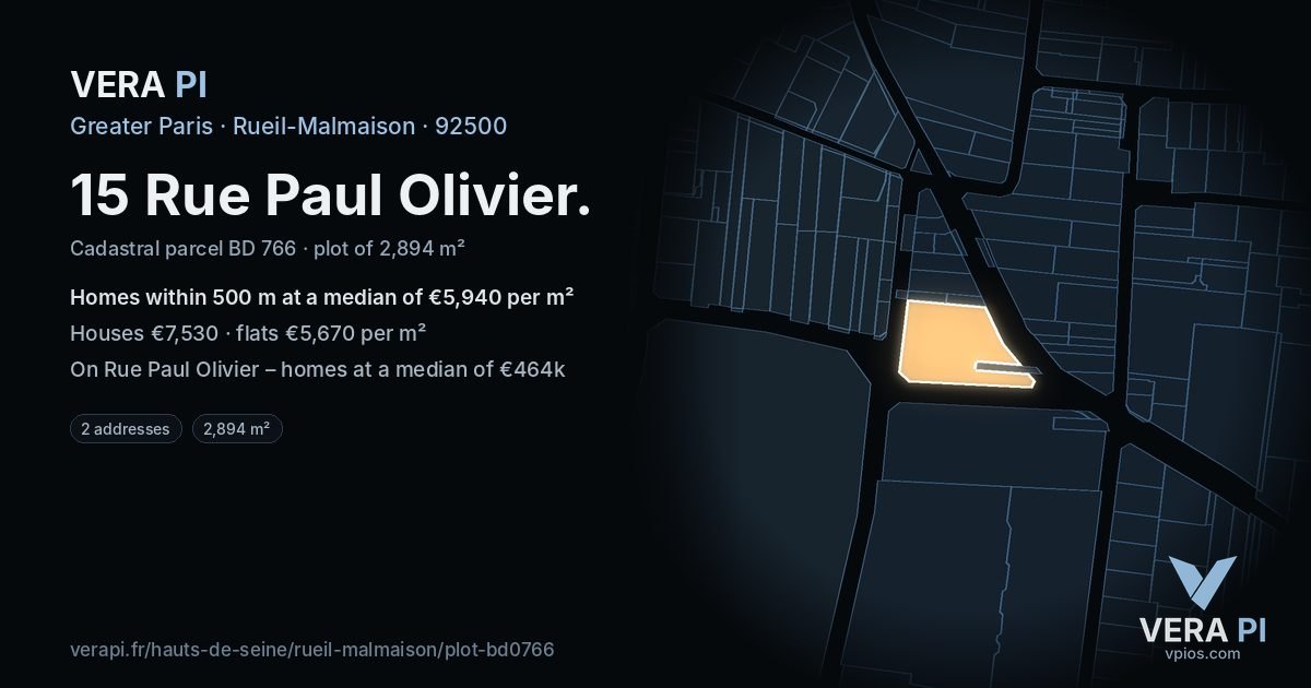 15 Rue Paul Olivier, Rueil-Malmaison at night – the plot lit, the parcels around coloured by the prices near them