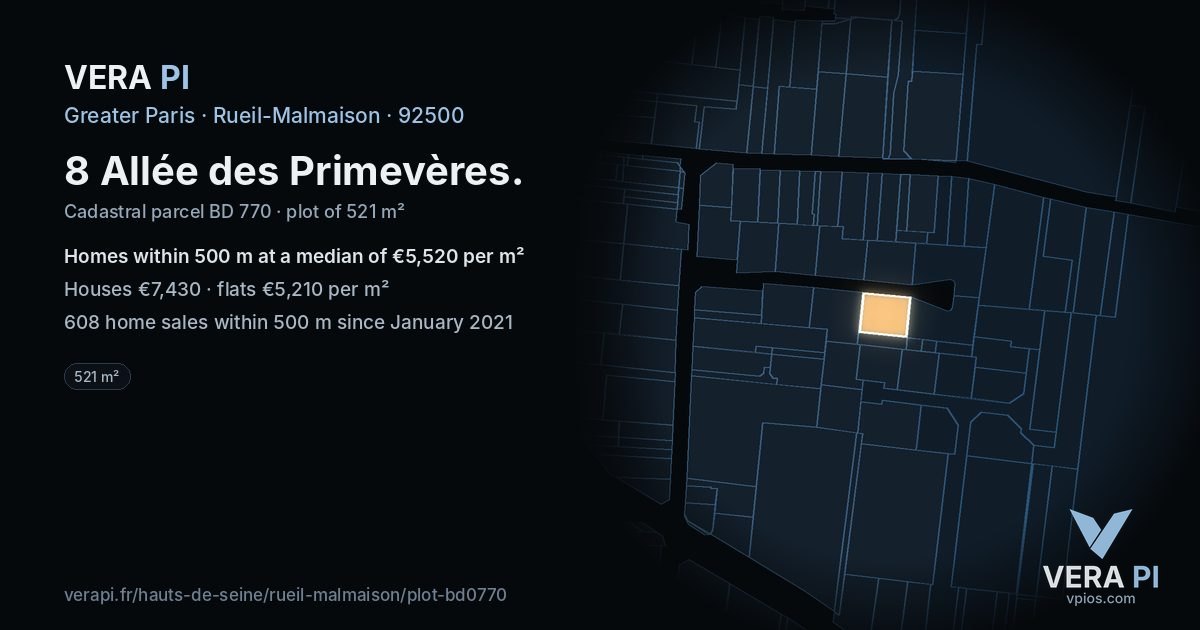 8 Allée des Primevères, Rueil-Malmaison at night – the plot lit, the parcels around coloured by the prices near them