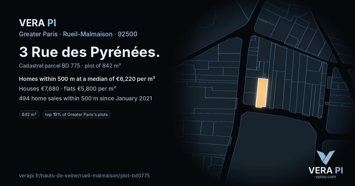 3 Rue des Pyrénées, Rueil-Malmaison at night – the plot lit, the parcels around coloured by the prices near them