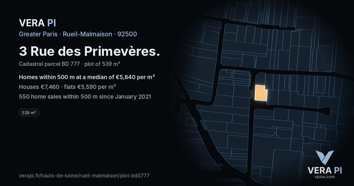 3 Rue des Primevères, Rueil-Malmaison at night – the plot lit, the parcels around coloured by the prices near them