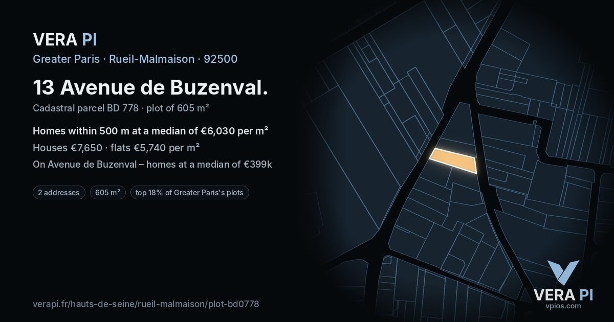 13 Avenue de Buzenval, Rueil-Malmaison at night – the plot lit, the parcels around coloured by the prices near them