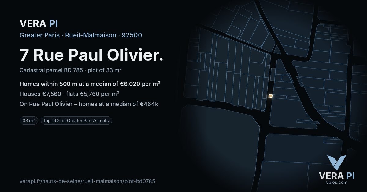 7 Rue Paul Olivier, Rueil-Malmaison at night – the plot lit, the parcels around coloured by the prices near them