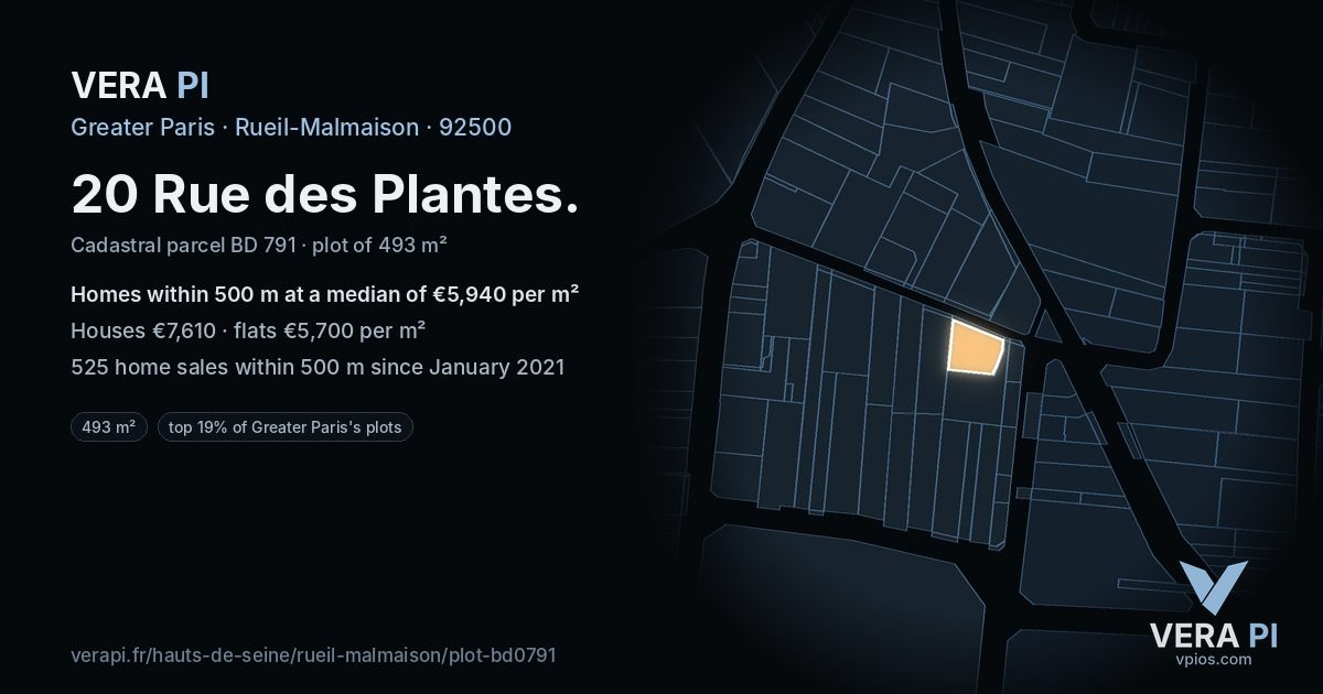 20 Rue des Plantes, Rueil-Malmaison at night – the plot lit, the parcels around coloured by the prices near them