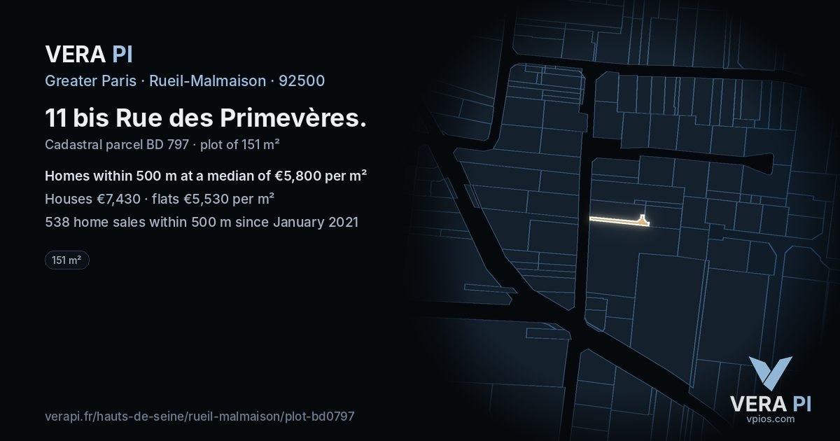 11 bis Rue des Primevères, Rueil-Malmaison at night – the plot lit, the parcels around coloured by the prices near them