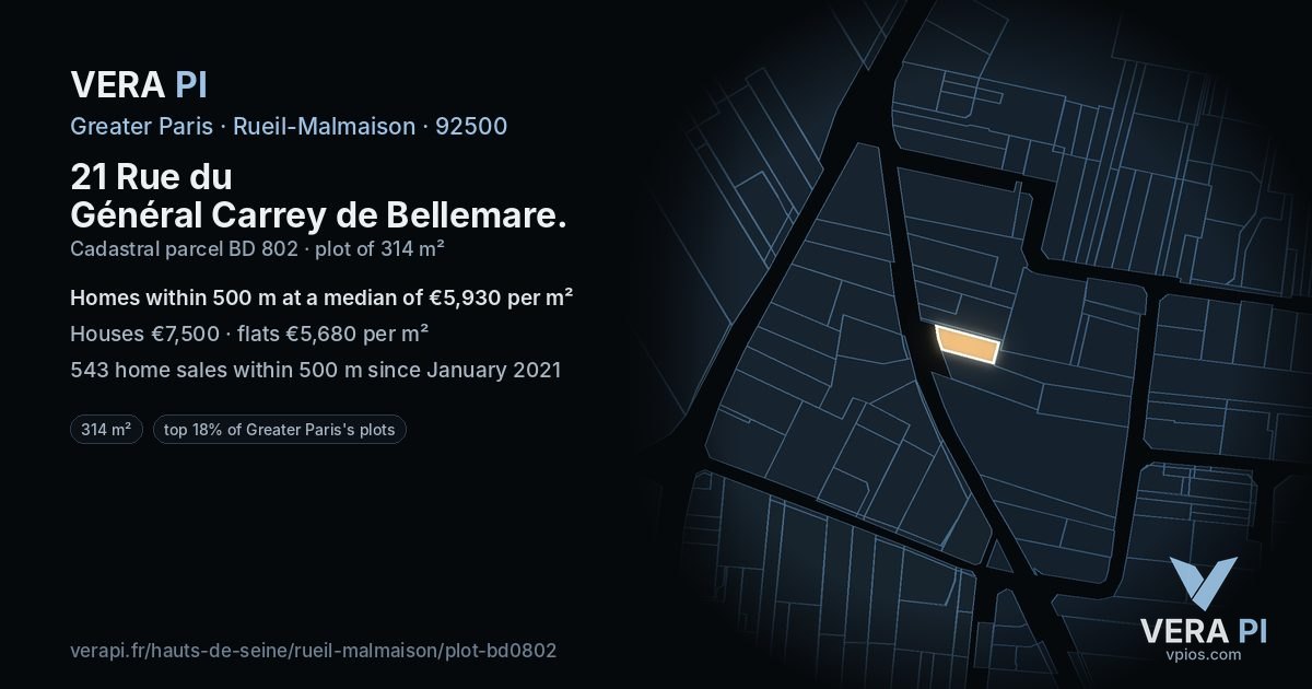 21 Rue du Général Carrey de Bellemare, Rueil-Malmaison at night – the plot lit, the parcels around coloured by the prices near them