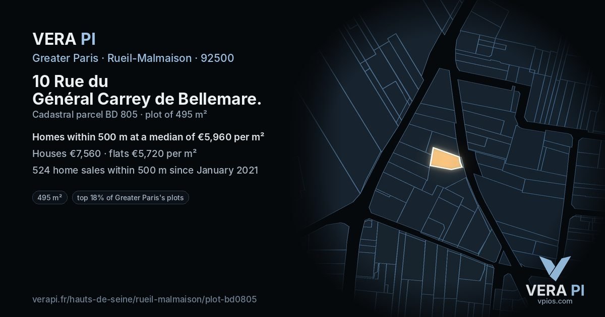 10 Rue du Général Carrey de Bellemare, Rueil-Malmaison at night – the plot lit, the parcels around coloured by the prices near them