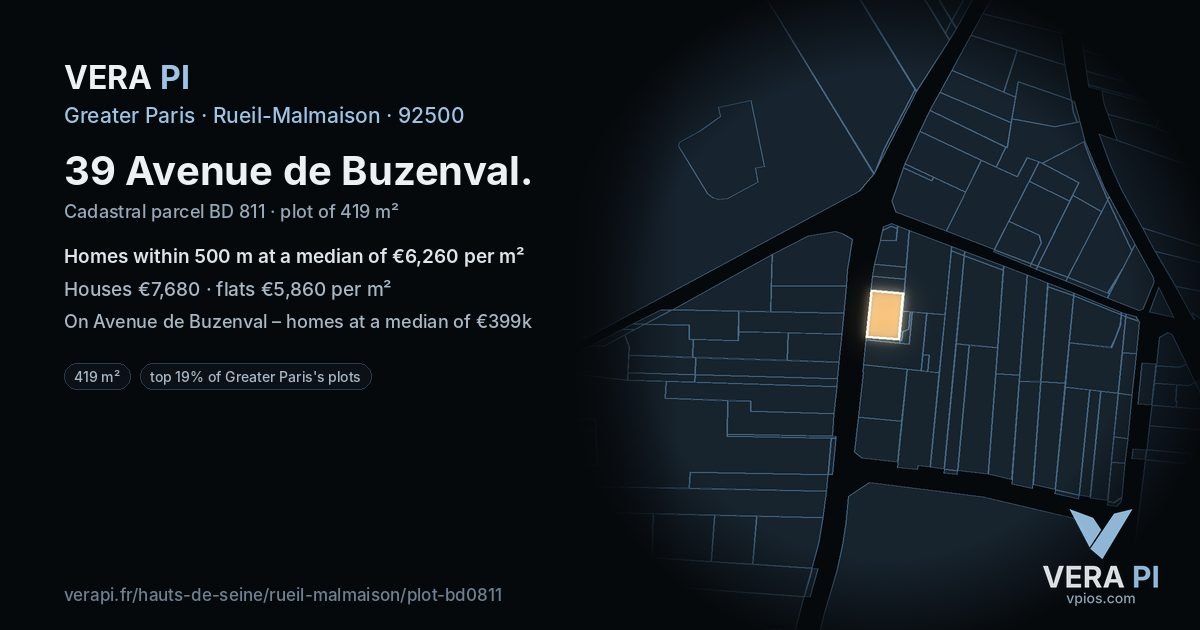 39 Avenue de Buzenval, Rueil-Malmaison at night – the plot lit, the parcels around coloured by the prices near them