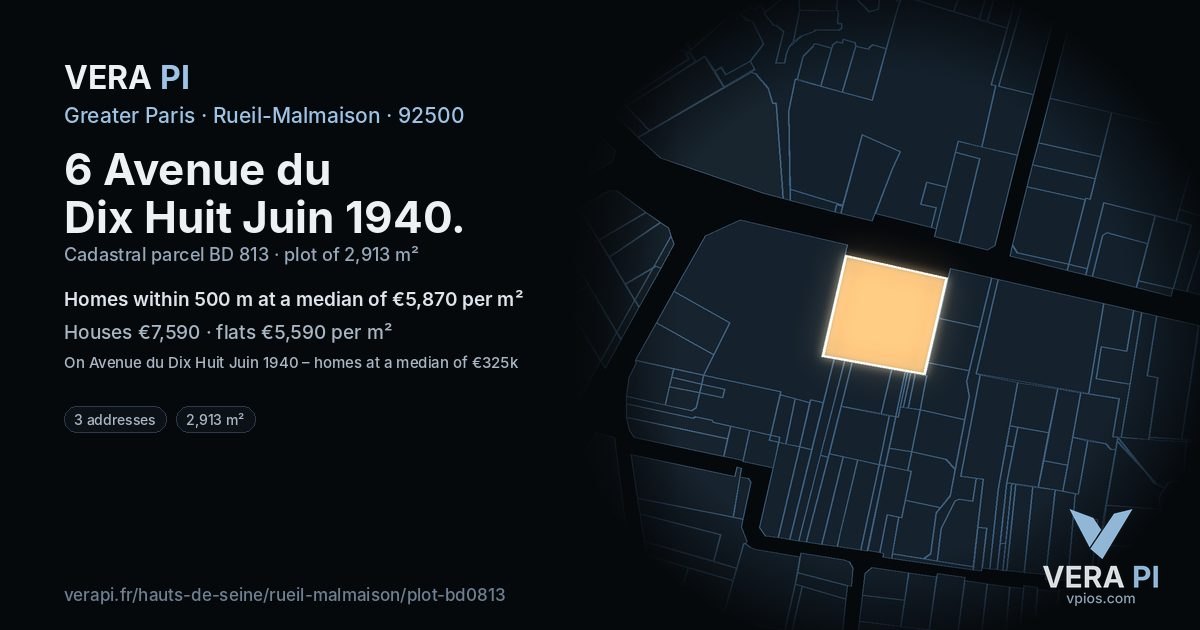 6 Avenue du Dix Huit Juin 1940, Rueil-Malmaison at night – the plot lit, the parcels around coloured by the prices near them