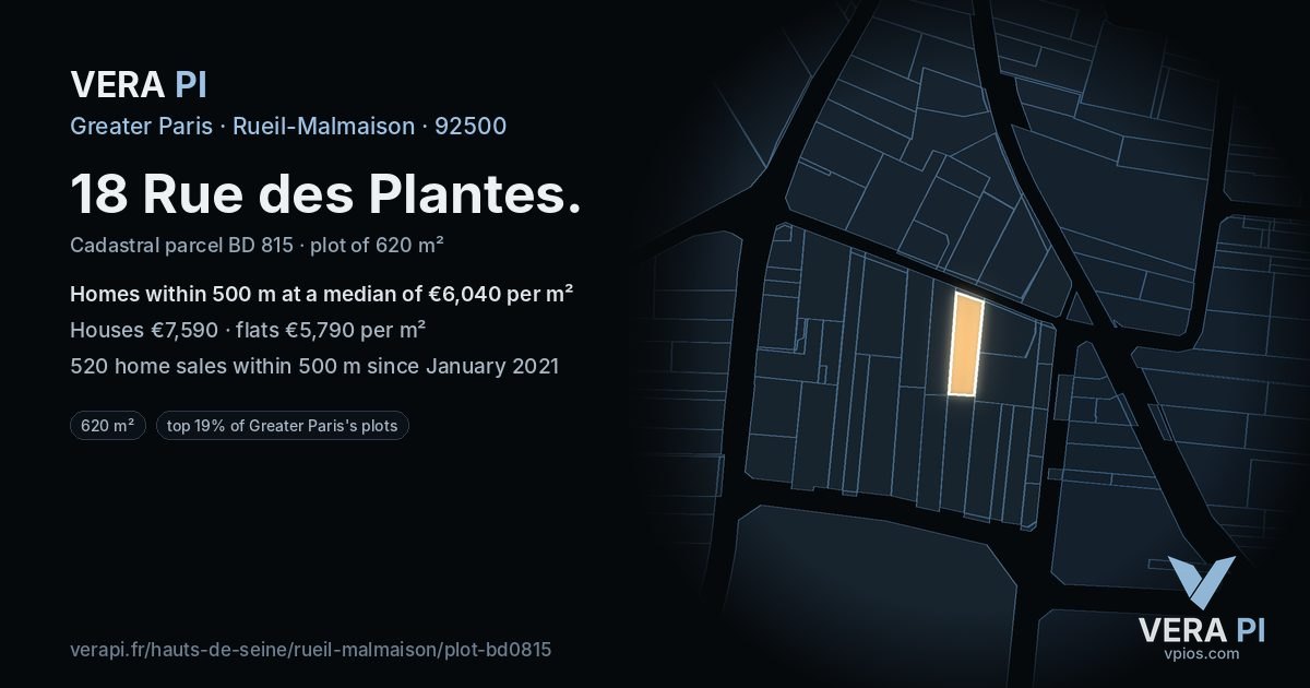 18 Rue des Plantes, Rueil-Malmaison at night – the plot lit, the parcels around coloured by the prices near them