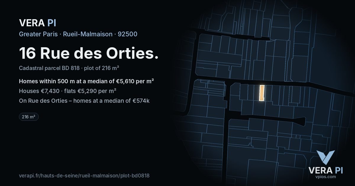 16 Rue des Orties, Rueil-Malmaison at night – the plot lit, the parcels around coloured by the prices near them