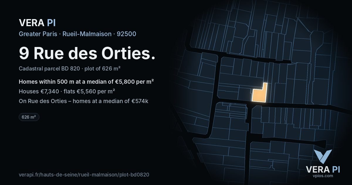 9 Rue des Orties, Rueil-Malmaison at night – the plot lit, the parcels around coloured by the prices near them