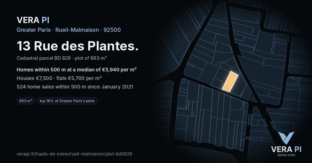 13 Rue des Plantes, Rueil-Malmaison at night – the plot lit, the parcels around coloured by the prices near them