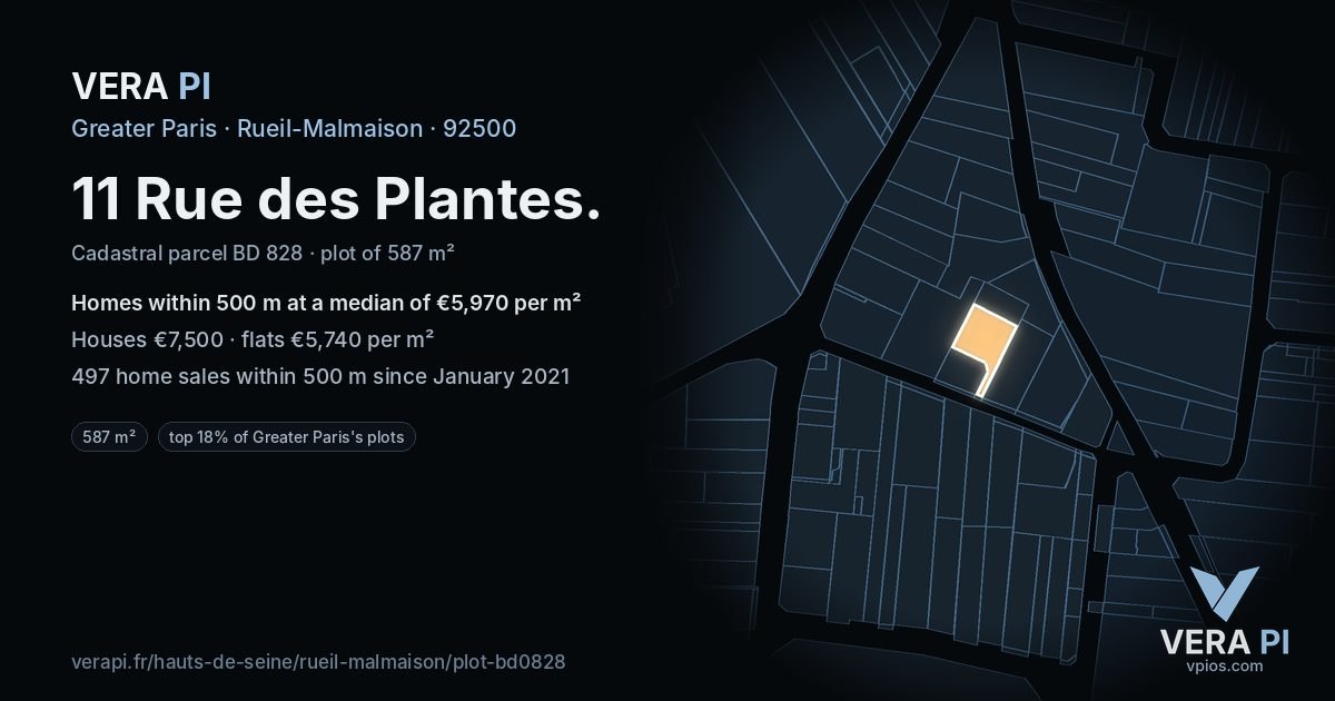 11 Rue des Plantes, Rueil-Malmaison at night – the plot lit, the parcels around coloured by the prices near them