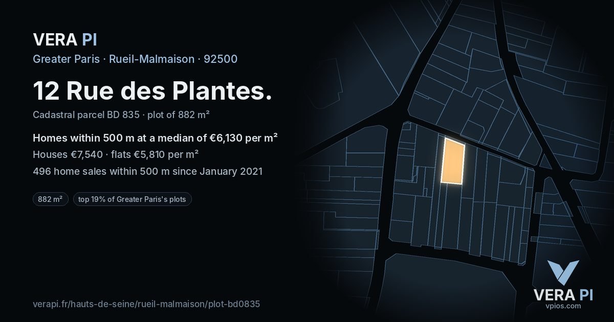 12 Rue des Plantes, Rueil-Malmaison at night – the plot lit, the parcels around coloured by the prices near them