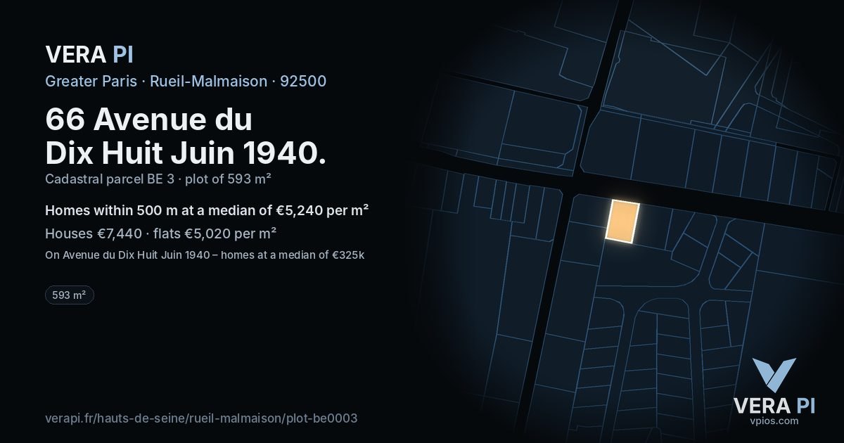66 Avenue du Dix Huit Juin 1940, Rueil-Malmaison at night – the plot lit, the parcels around coloured by the prices near them