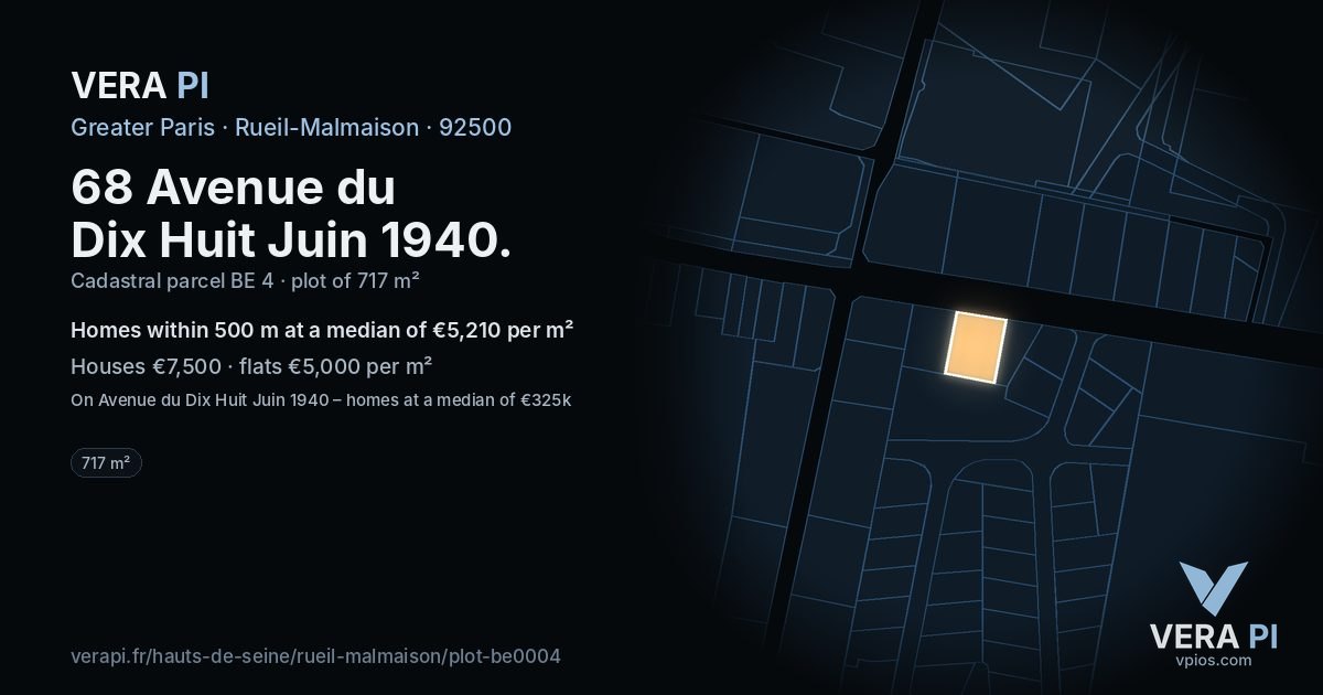 68 Avenue du Dix Huit Juin 1940, Rueil-Malmaison at night – the plot lit, the parcels around coloured by the prices near them