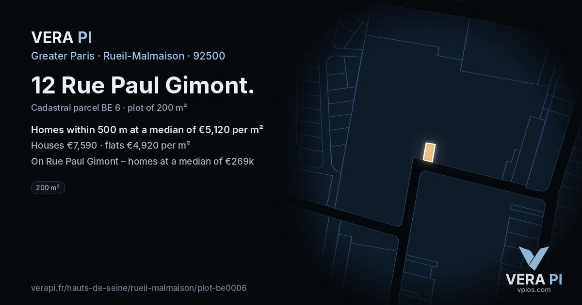 12 Rue Paul Gimont, Rueil-Malmaison at night – the plot lit, the parcels around coloured by the prices near them