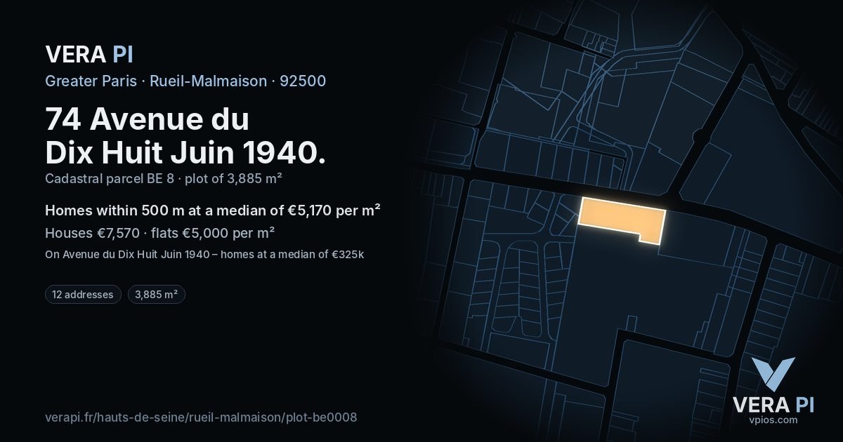 74 Avenue du Dix Huit Juin 1940, Rueil-Malmaison at night – the plot lit, the parcels around coloured by the prices near them