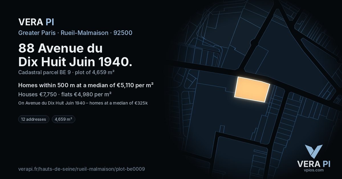 88 Avenue du Dix Huit Juin 1940, Rueil-Malmaison at night – the plot lit, the parcels around coloured by the prices near them