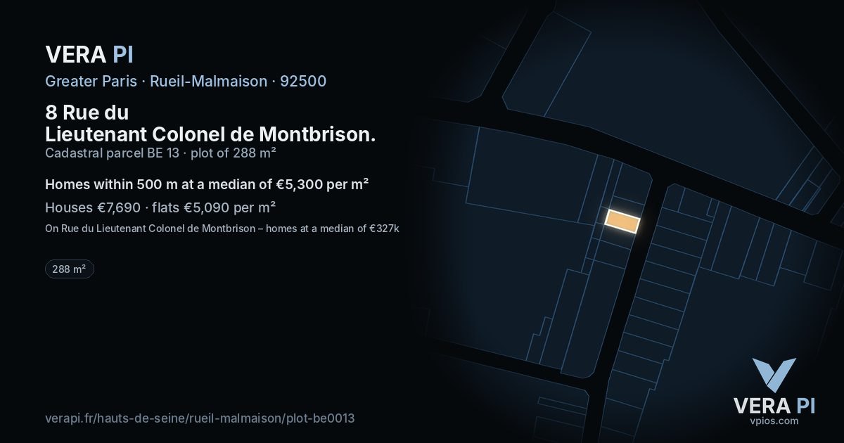 8 Rue du Lieutenant Colonel de Montbrison, Rueil-Malmaison at night – the plot lit, the parcels around coloured by the prices near them